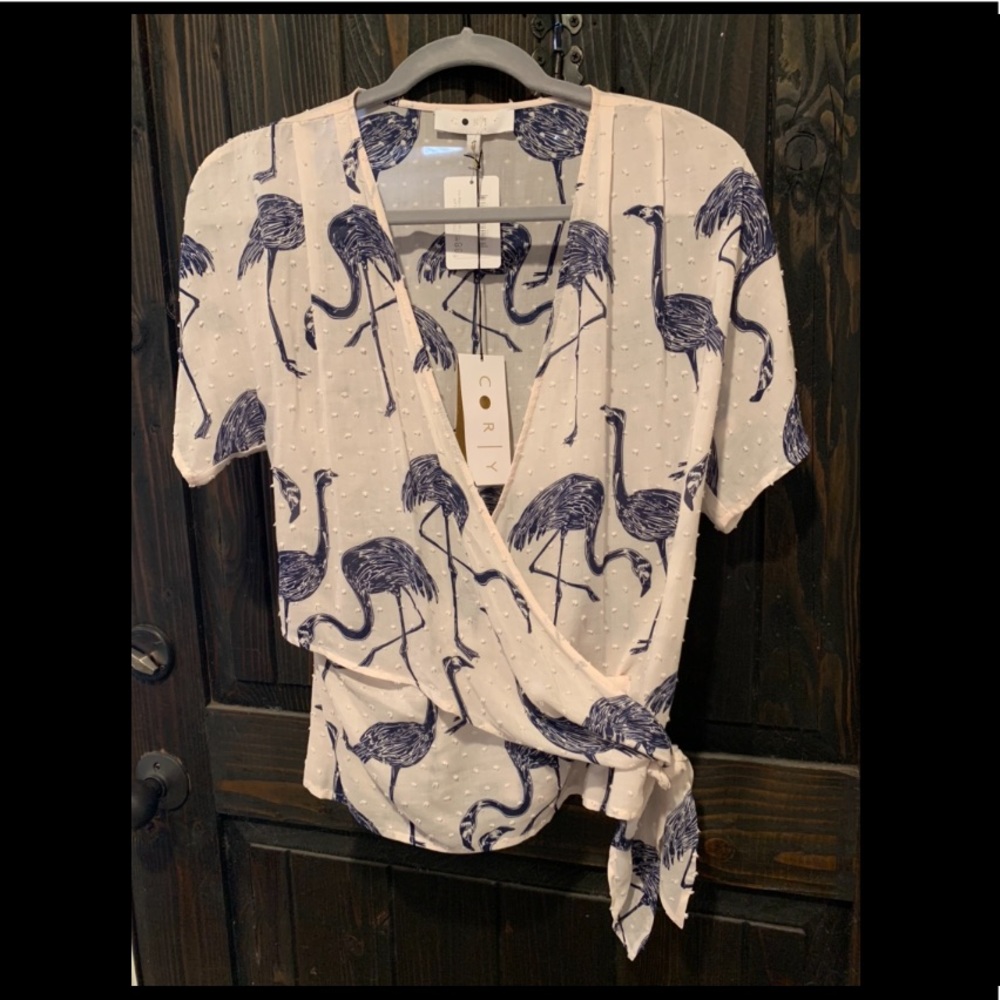 NWT Corey Lynn Calter Flamingo Print Wrap Blouse